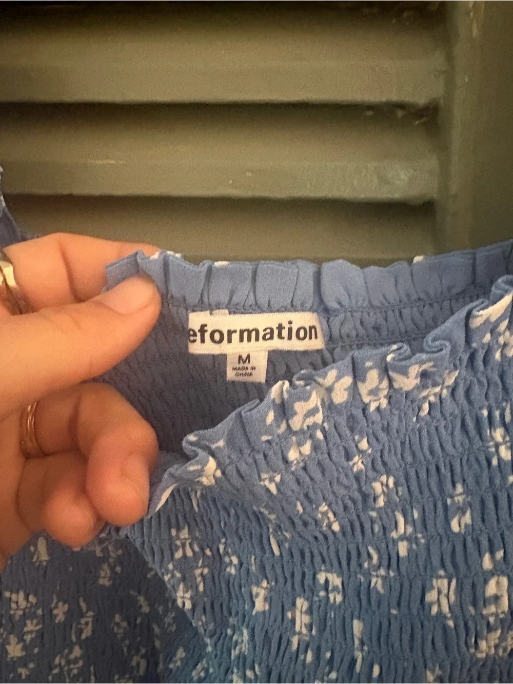 Reformation Blue Smocked Square-Neck Blouse